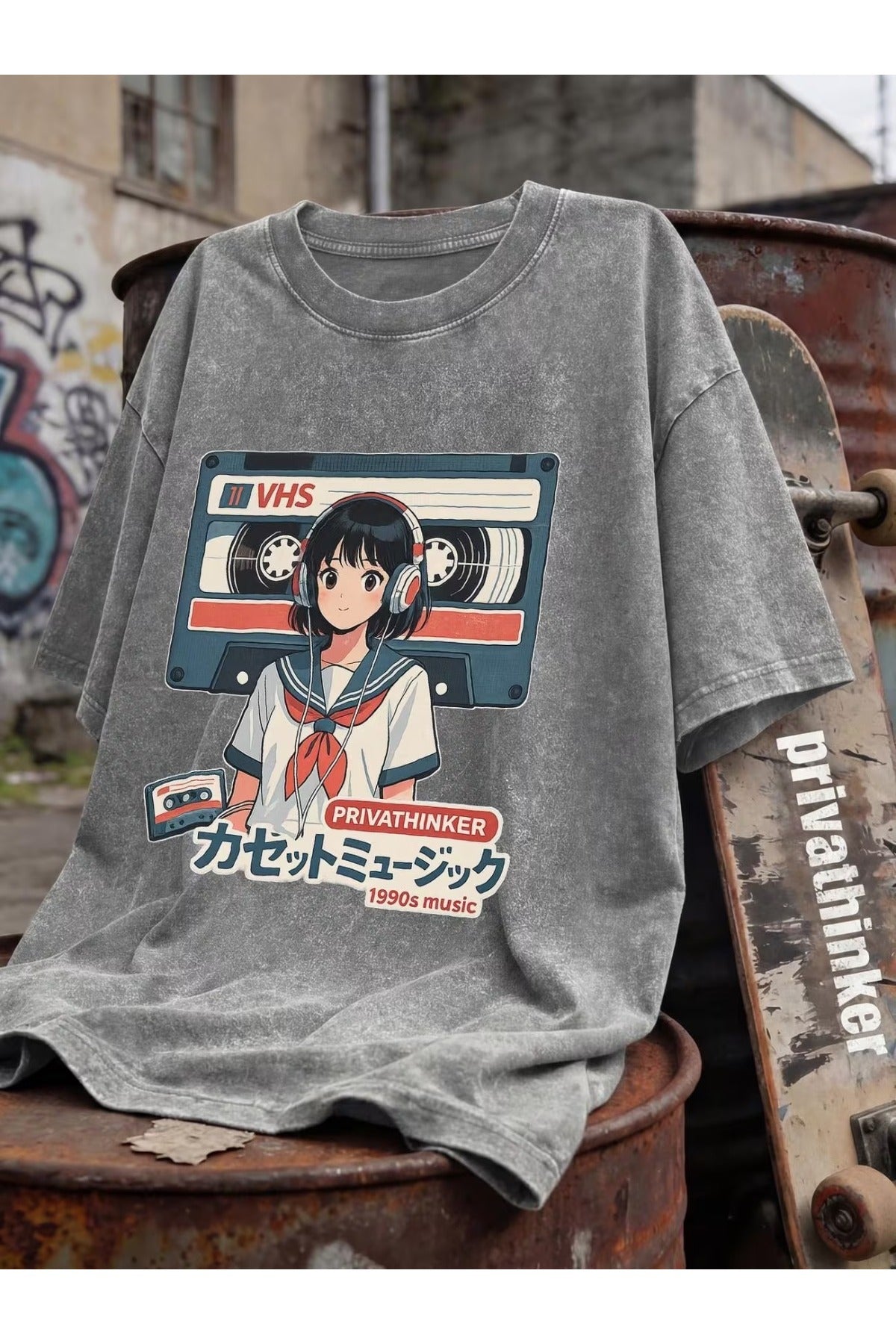Retro Anime Girl VHS Unisex Yıkamalı Vintage Oversize T-shirt