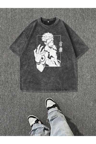 Anime Jujutsu Kaisen Baskılı Oversize Vintage Tshirt