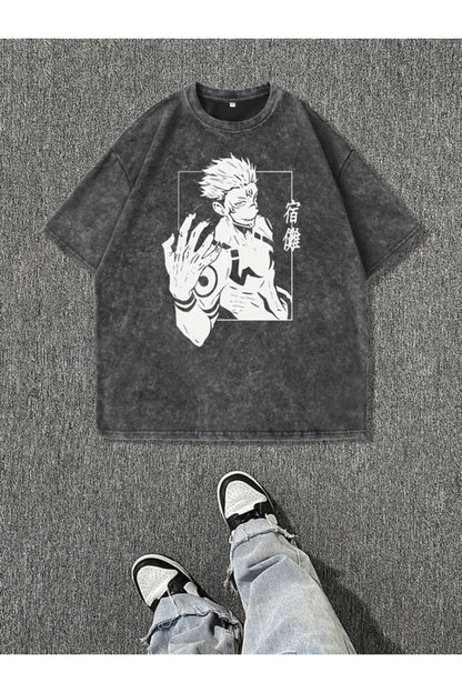 Anime Jujutsu Kaisen Baskılı Oversize Vintage Tshirt