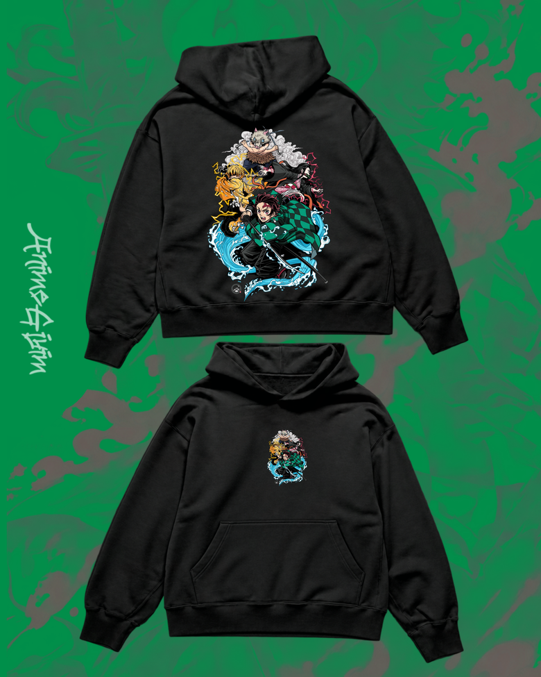 Anime Demon Slayer Tasarımlı Siyah İçi Polarlı Kapüşonlu Sweatshirt