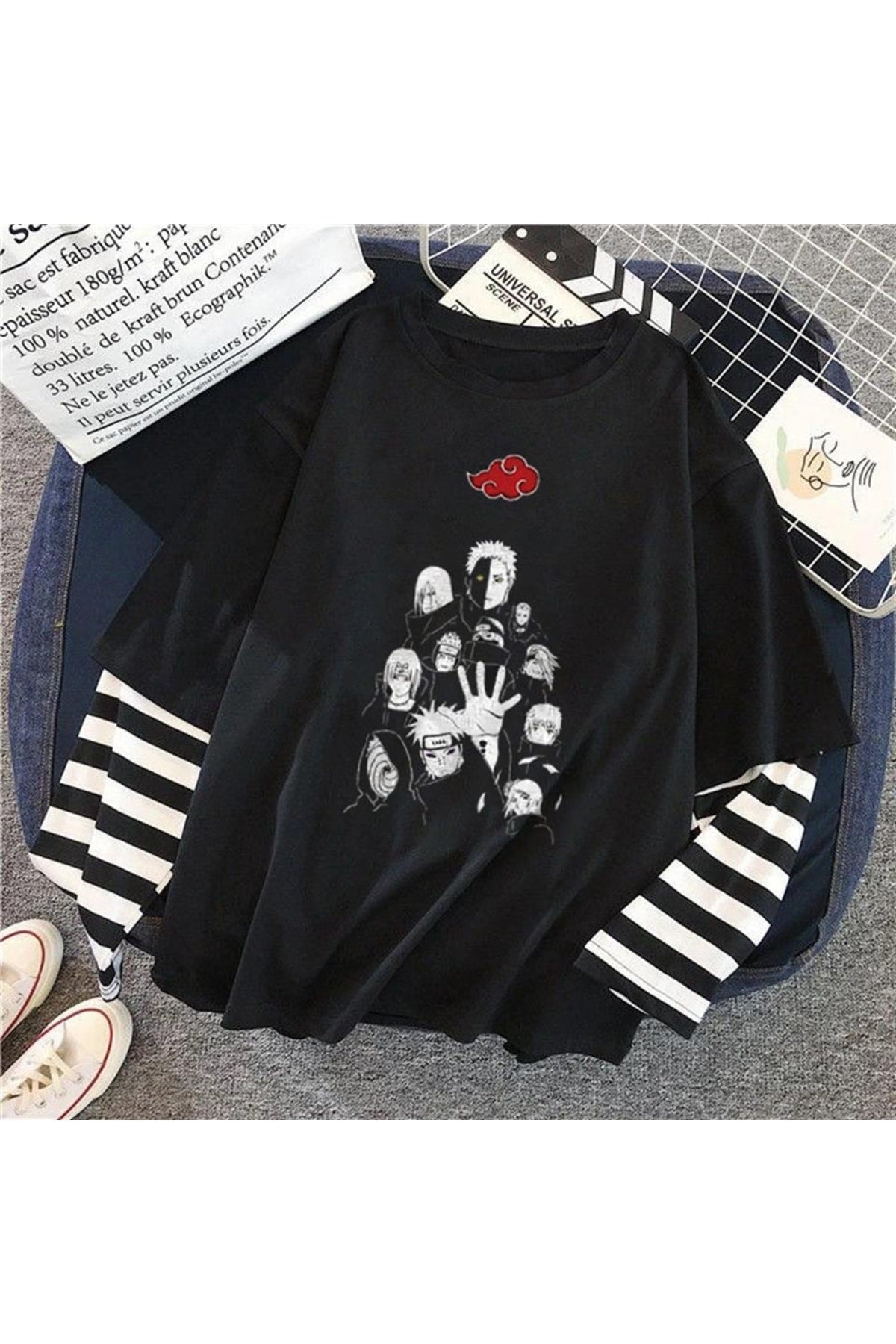 Naruto - Uchihas Baskılı Fake Sleeves Unisex Siyah T-shirt