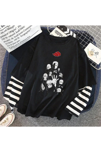 Naruto - Uchihas Baskılı Fake Sleeves Unisex Siyah T-shirt