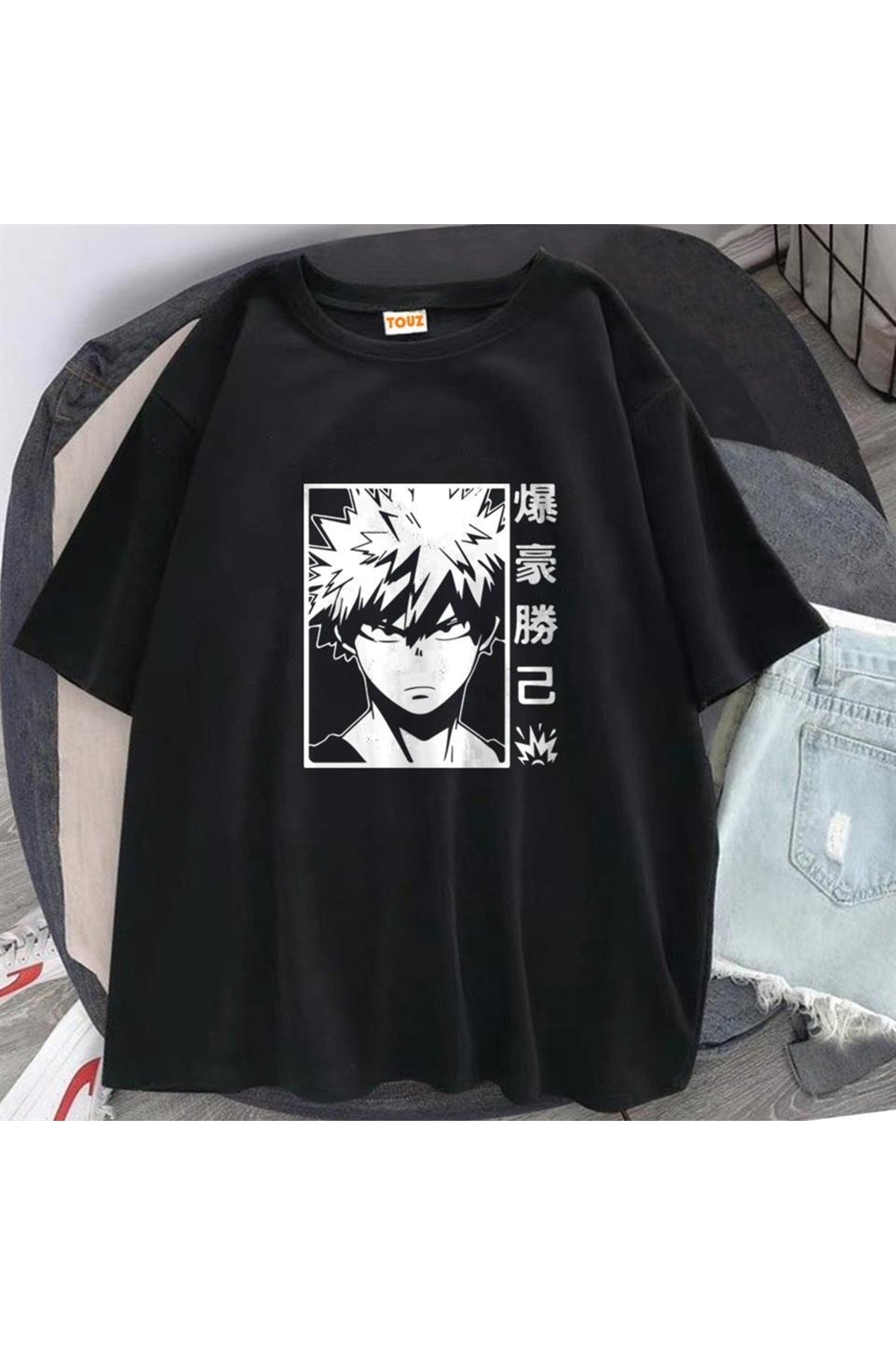 Anime Bakugou Baskılı Siyah Unisex Oversize T-shirt
