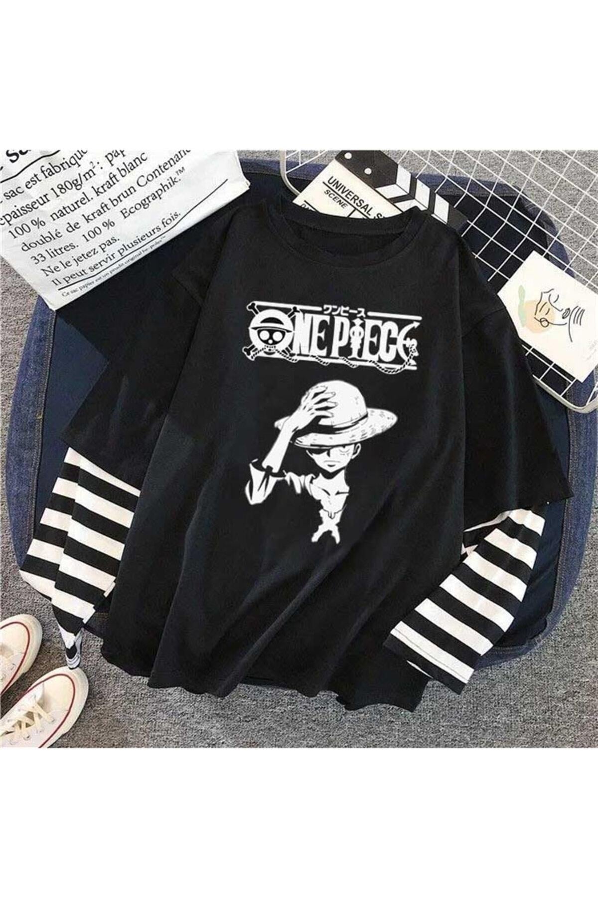 One Piece Baskılı Fake Sleeves Unisex Siyah T-shirt