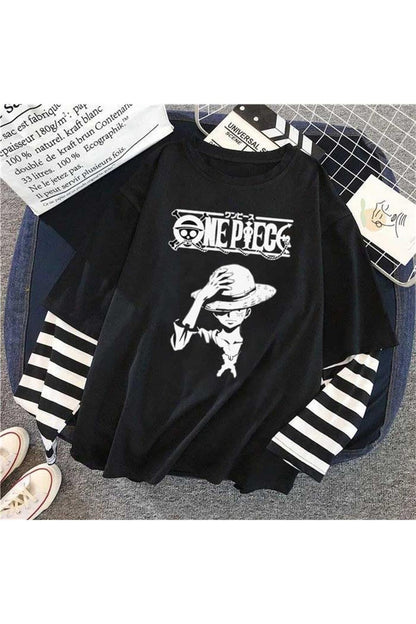 One Piece Baskılı Fake Sleeves Unisex Siyah T-shirt