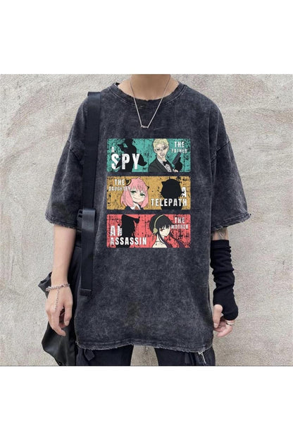 Yıkamalı Triple Anime Kolaj Unisex Eskitme T-shirt