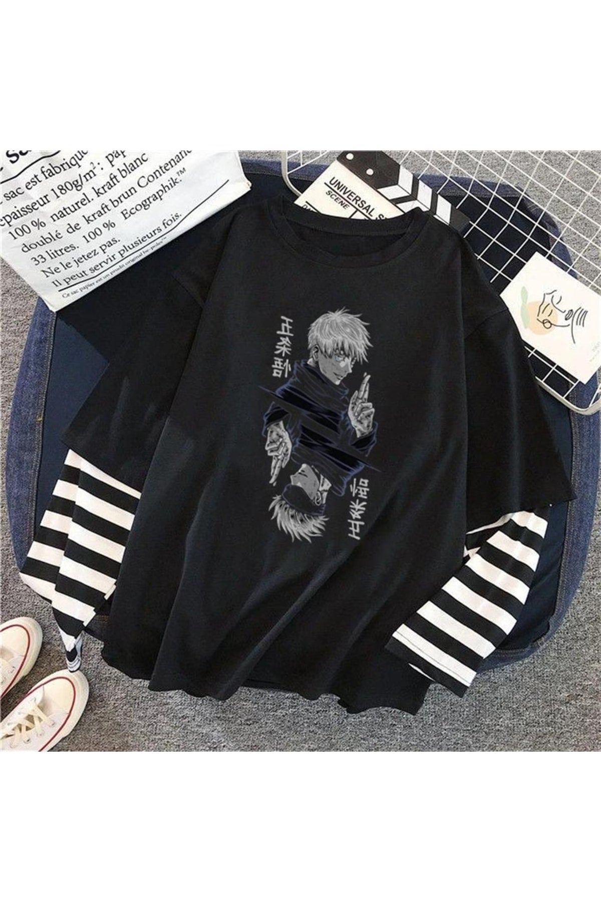 Jujutsu Kaisen Blade Baskılı Fake Sleeves Unisex Siyah T-shirt