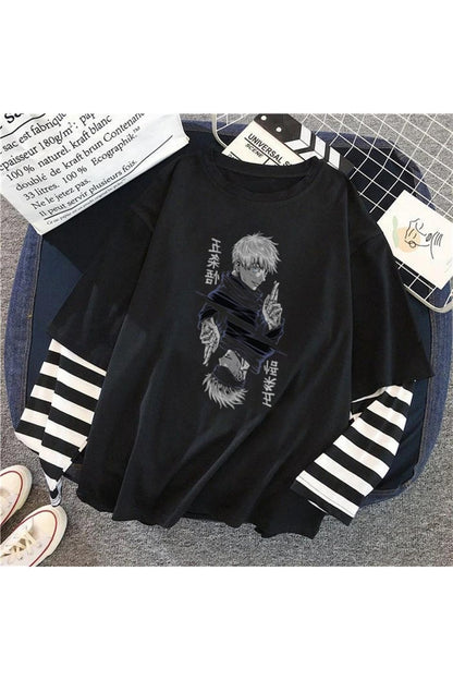 Jujutsu Kaisen Blade Baskılı Fake Sleeves Unisex Siyah T-shirt