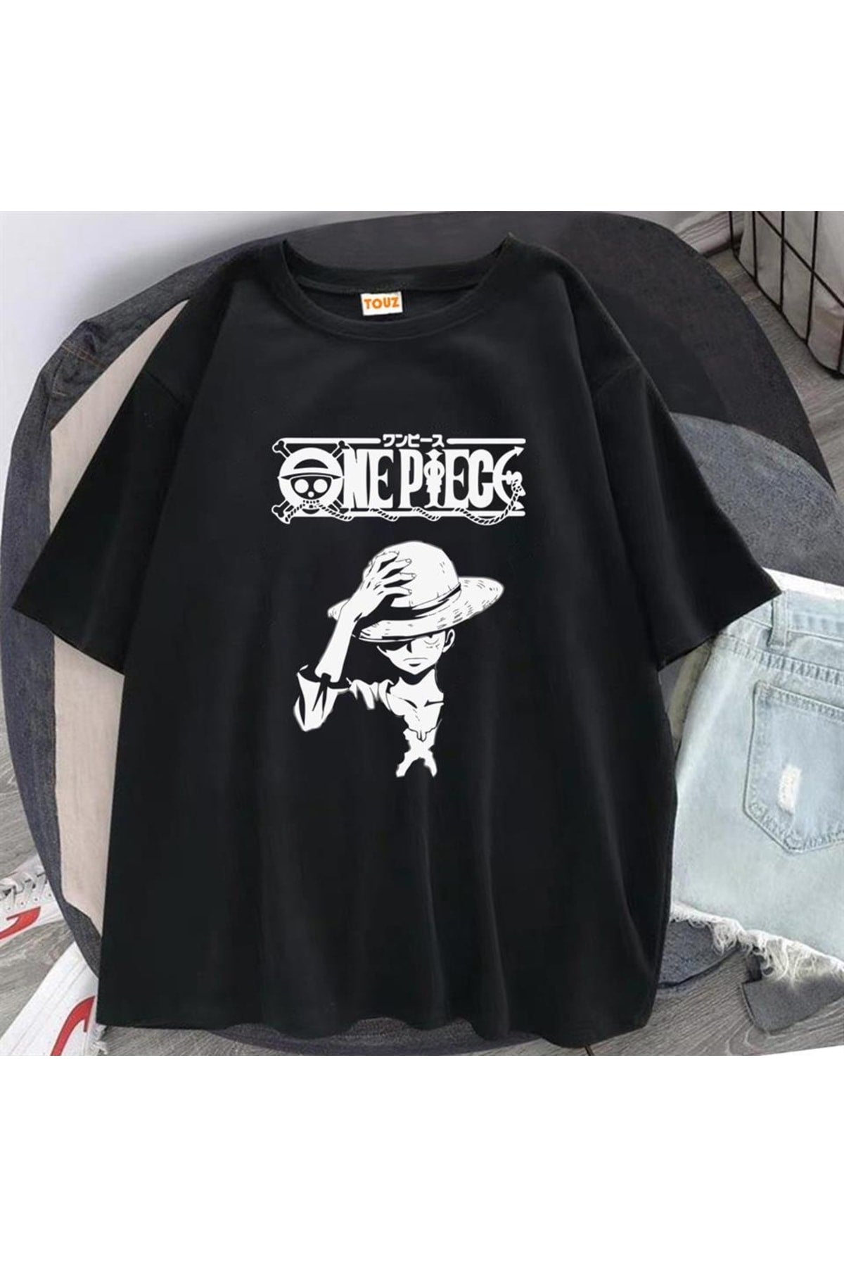 One Piece Baskılı Siyah Unisex Oversize T-shirt