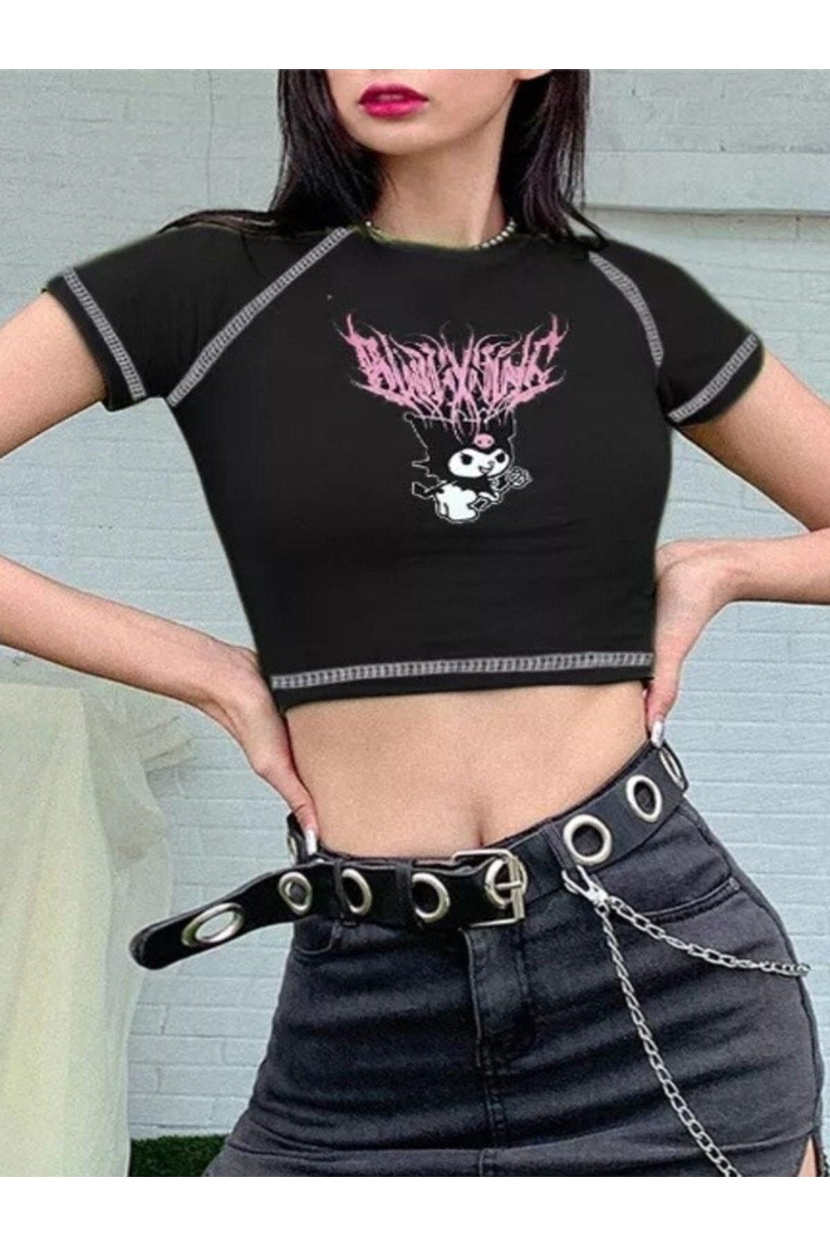 Gothic Harajuku Fashion Anime Kuromi Sanrio Yarım Kadın T-shirt