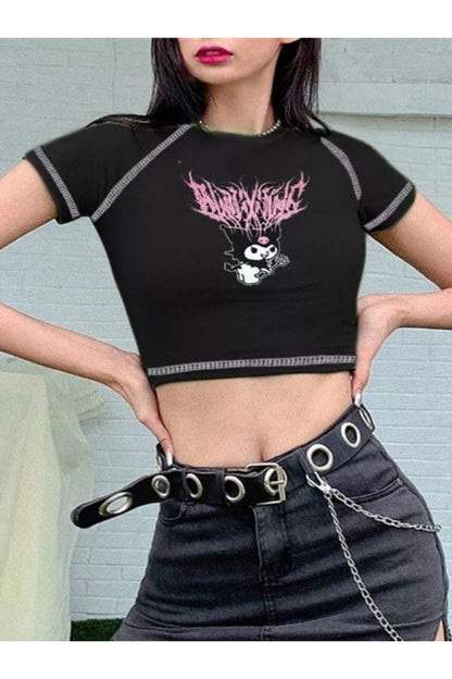 Gothic Harajuku Fashion Anime Kuromi Sanrio Yarım Kadın T-shirt