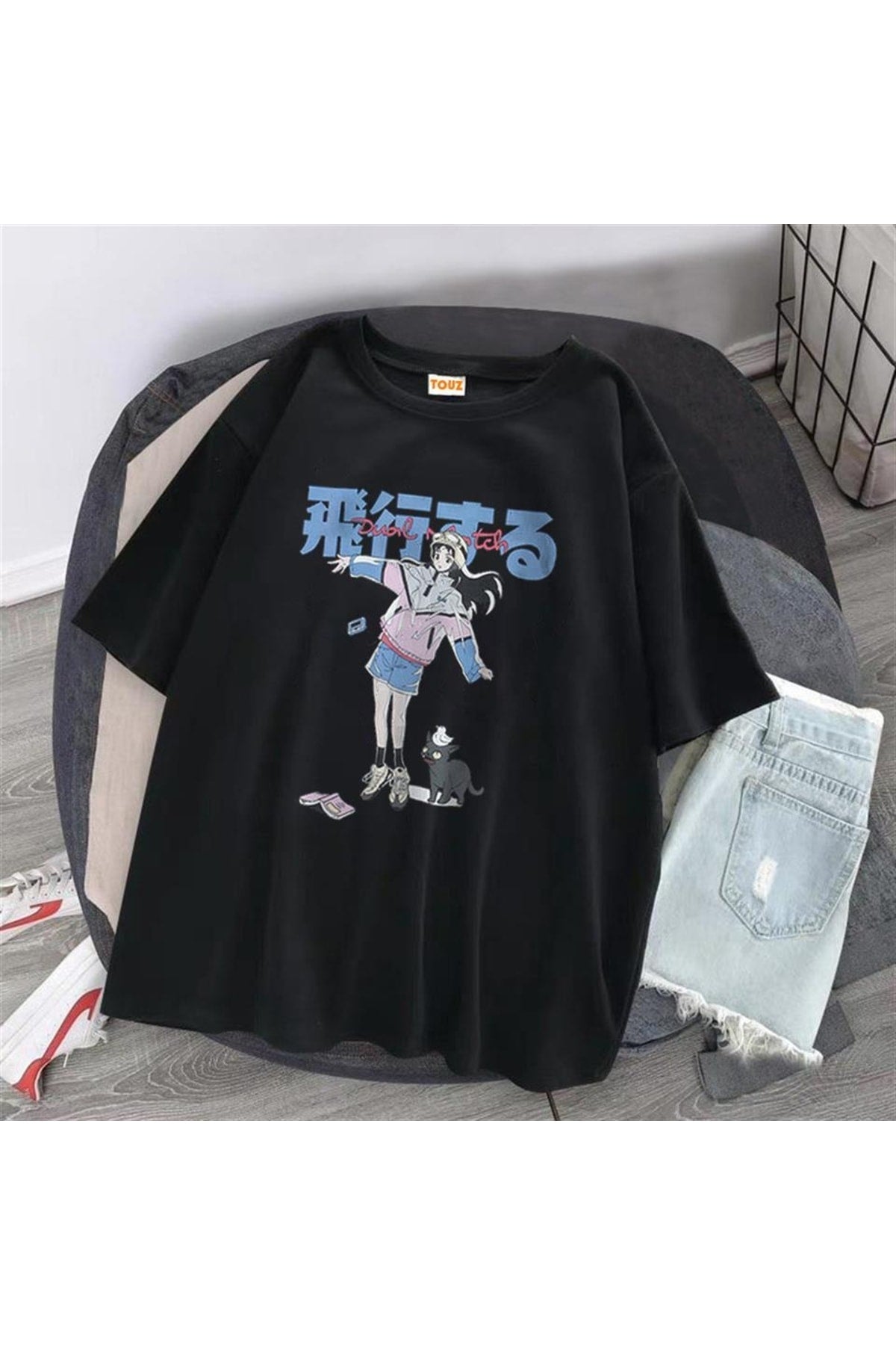 Anime Girl & Cat Siyah Unisex Oversize T-shirt