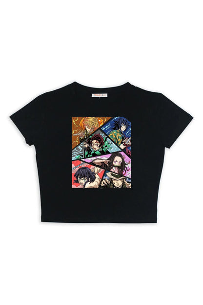 Eyl Anime Deoman Slayer Kolaj Baskılı Siyah Crop