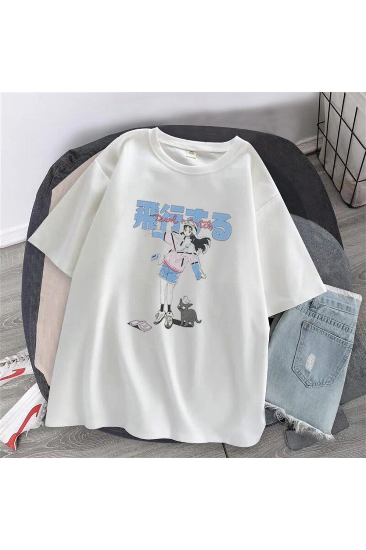 Anime Girl & Cat Beyaz Unisex Oversize T-shirt