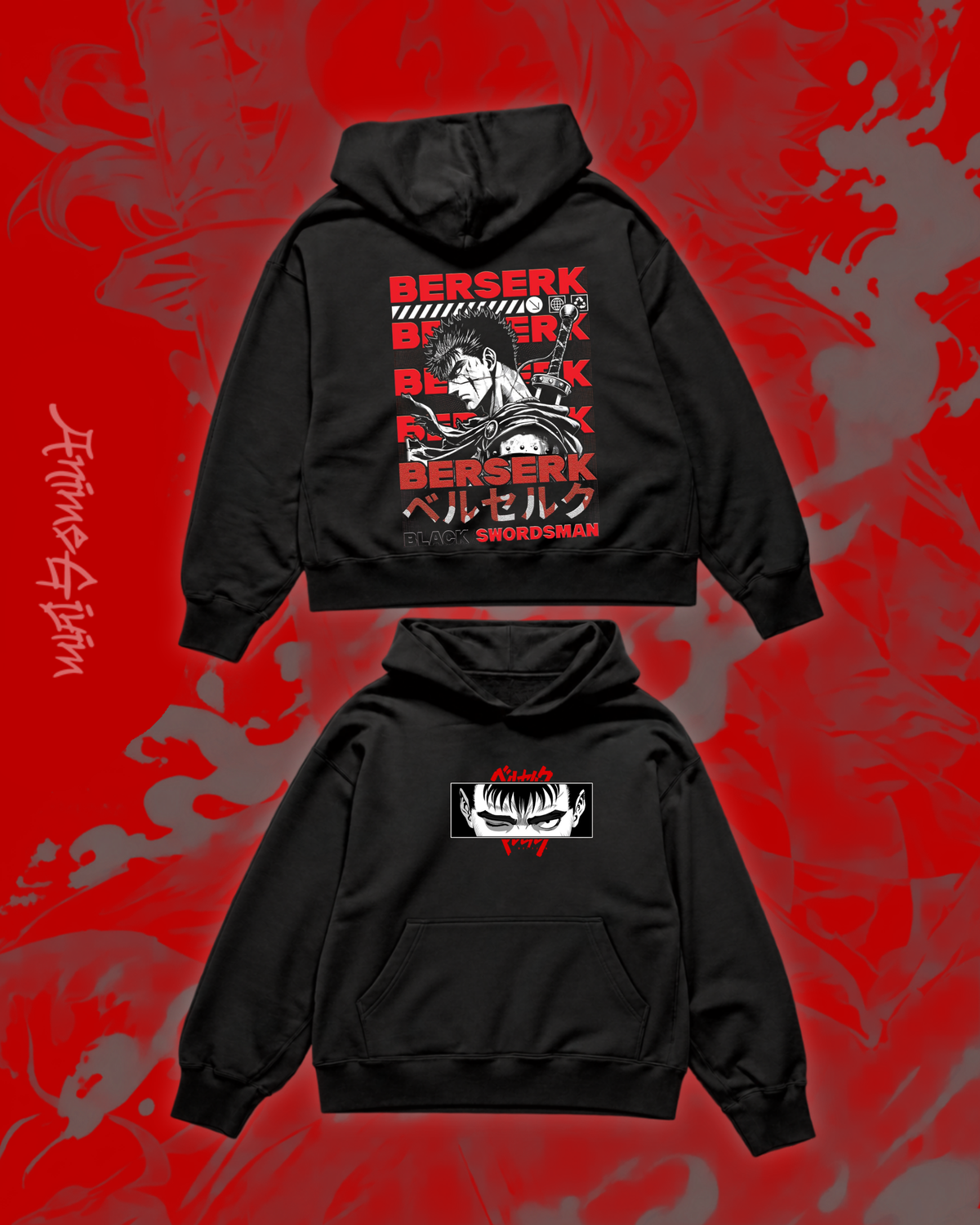 Anime Berserk Tasarımlı Siyah İçi Polarlı Kapüşonlu Sweatshirt