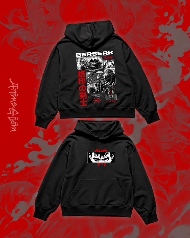 Anime Berserk Tasarımlı Siyah İçi Polarlı Kapüşonlu Sweatshirt