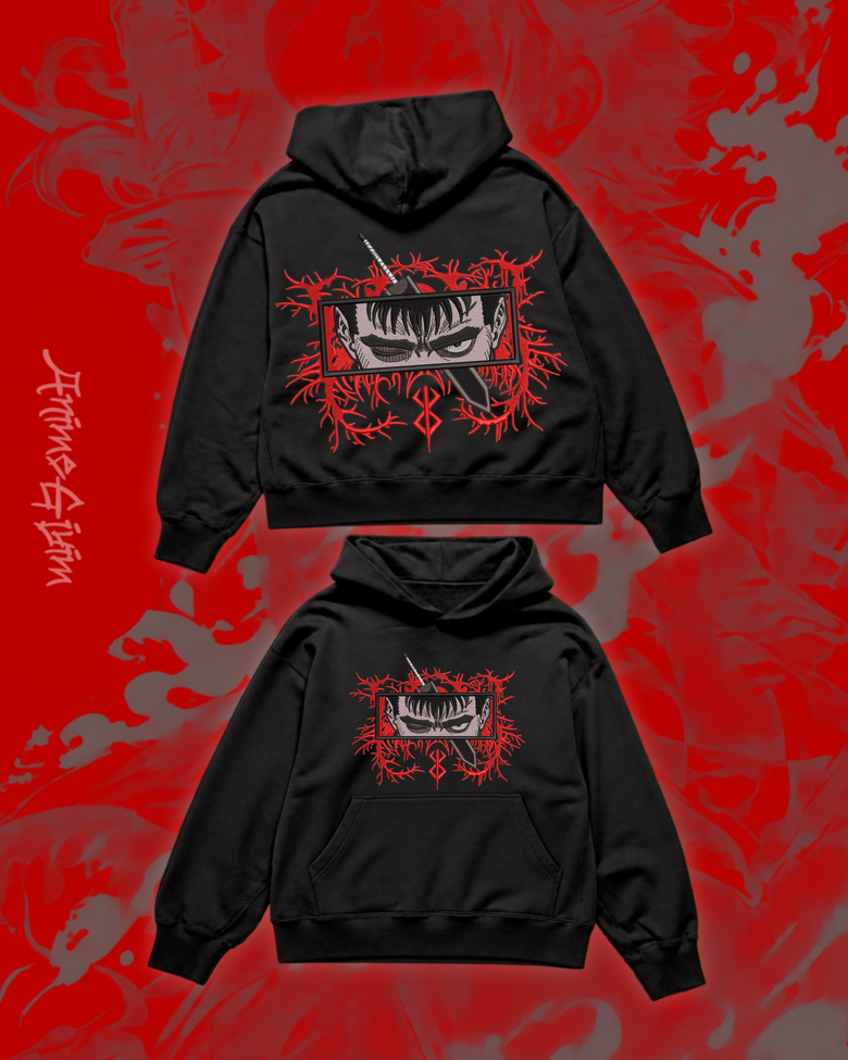 Anime Berserk Tasarımlı Siyah İçi Polarlı Kapüşonlu Sweatshirt