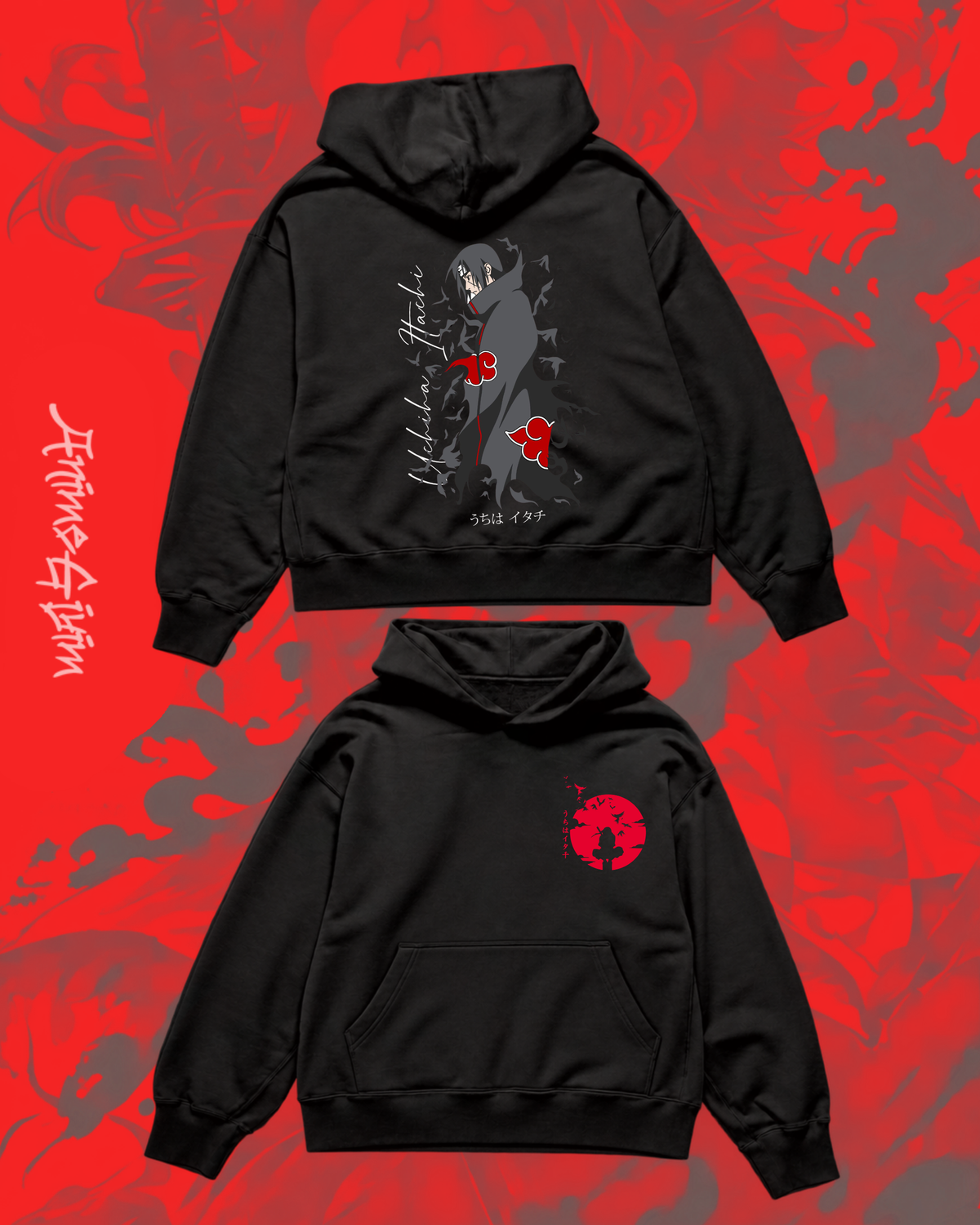 Naruto Itachi Uchiha Göz Tasarımlı Siyah İçi Polarlı Kapüşonlu Sweatshirt