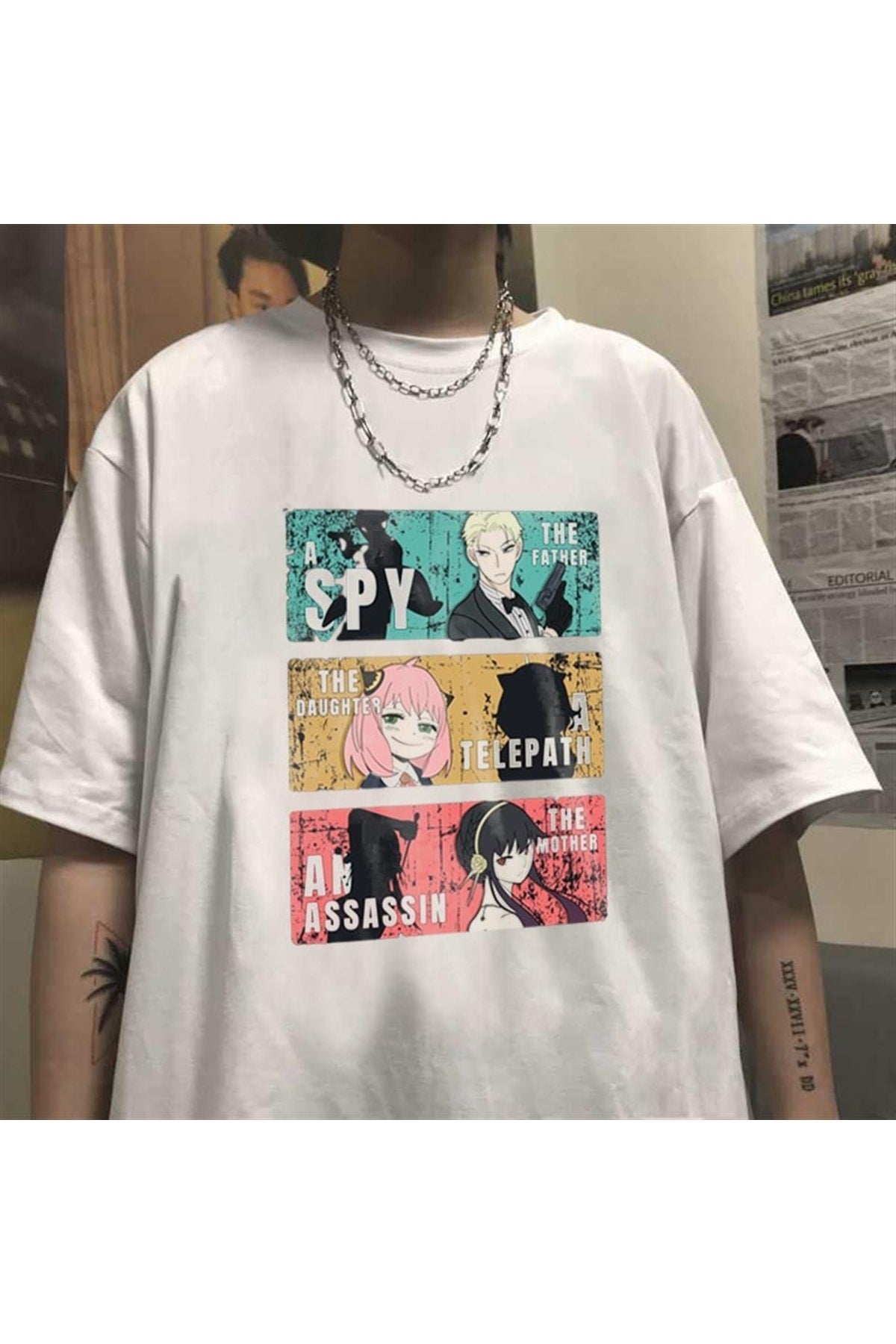 Triple Anime Kolaj Beyaz Unisex Oversize T-shirt