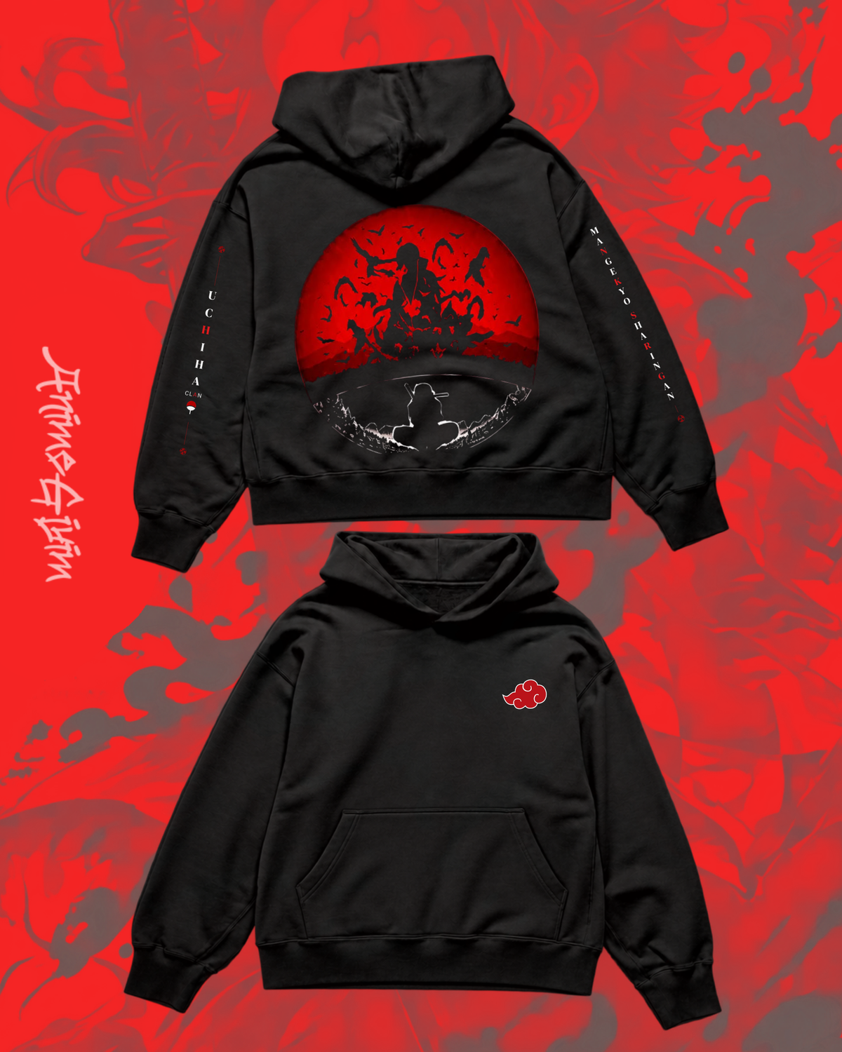 Naruto Itachi Uchiha Göz Tasarımlı Siyah İçi Polarlı Kapüşonlu Sweatshirt
