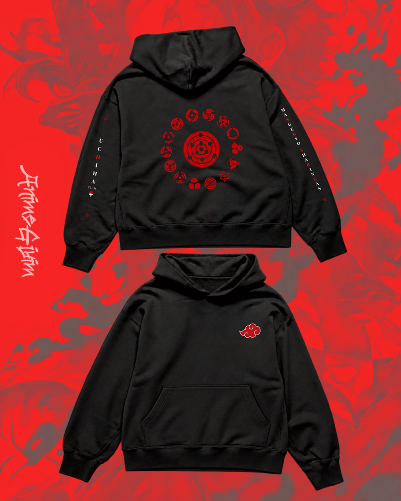 Naruto Itachi Uchiha Göz Tasarımlı Siyah İçi Polarlı Kapüşonlu Sweatshirt